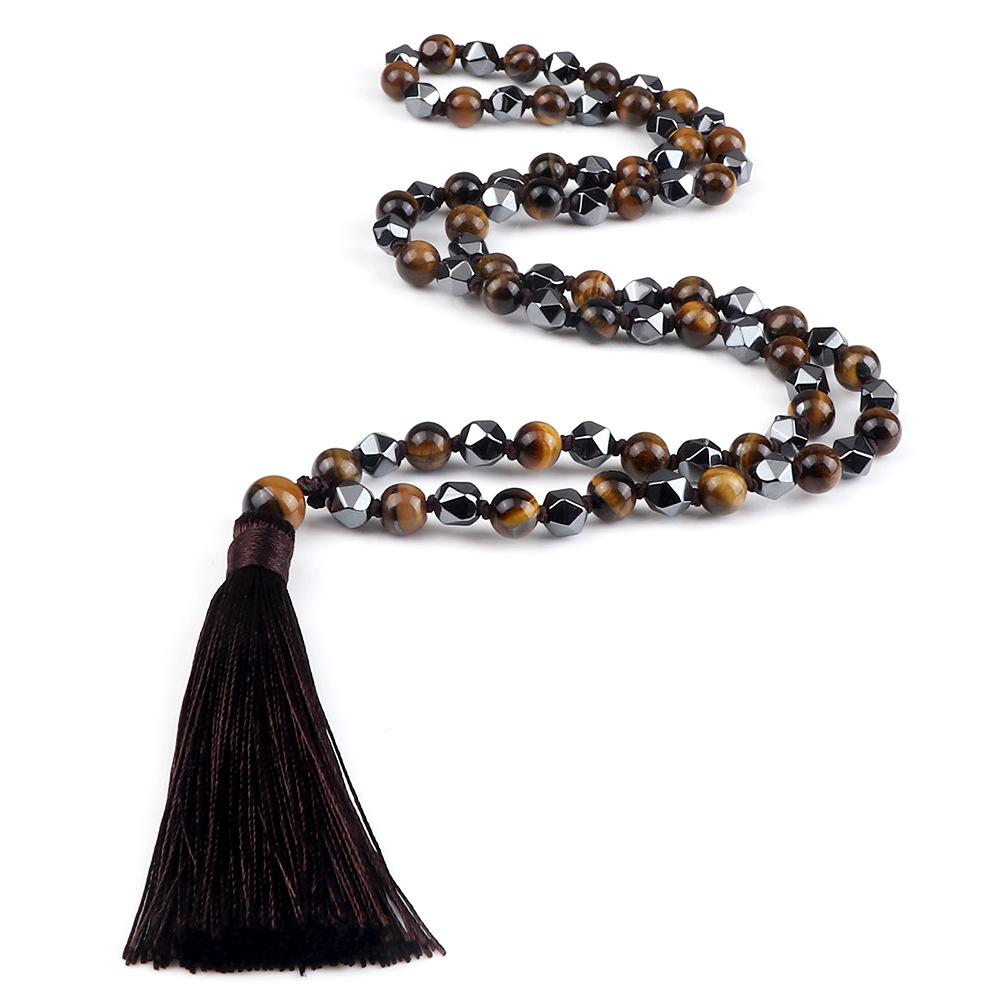 European 8mm Stone Bead Tassel Necklace and Multi-Strand Buddhist Bead Bracelet