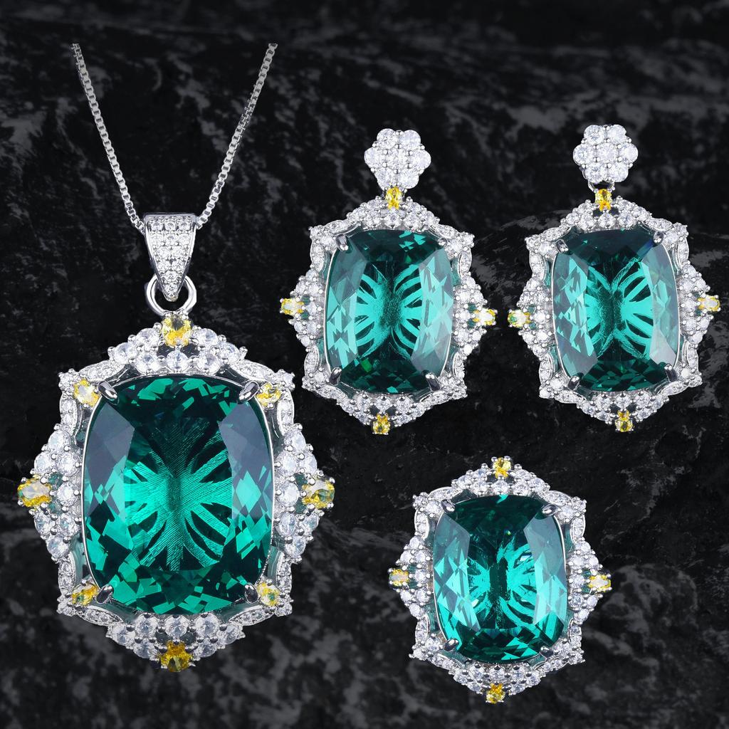 Temperament Fashion Emerald Pendant Necklace Inlaid Gemstone Stud Earrings Square Diamond Live Ring Color Treasure Set