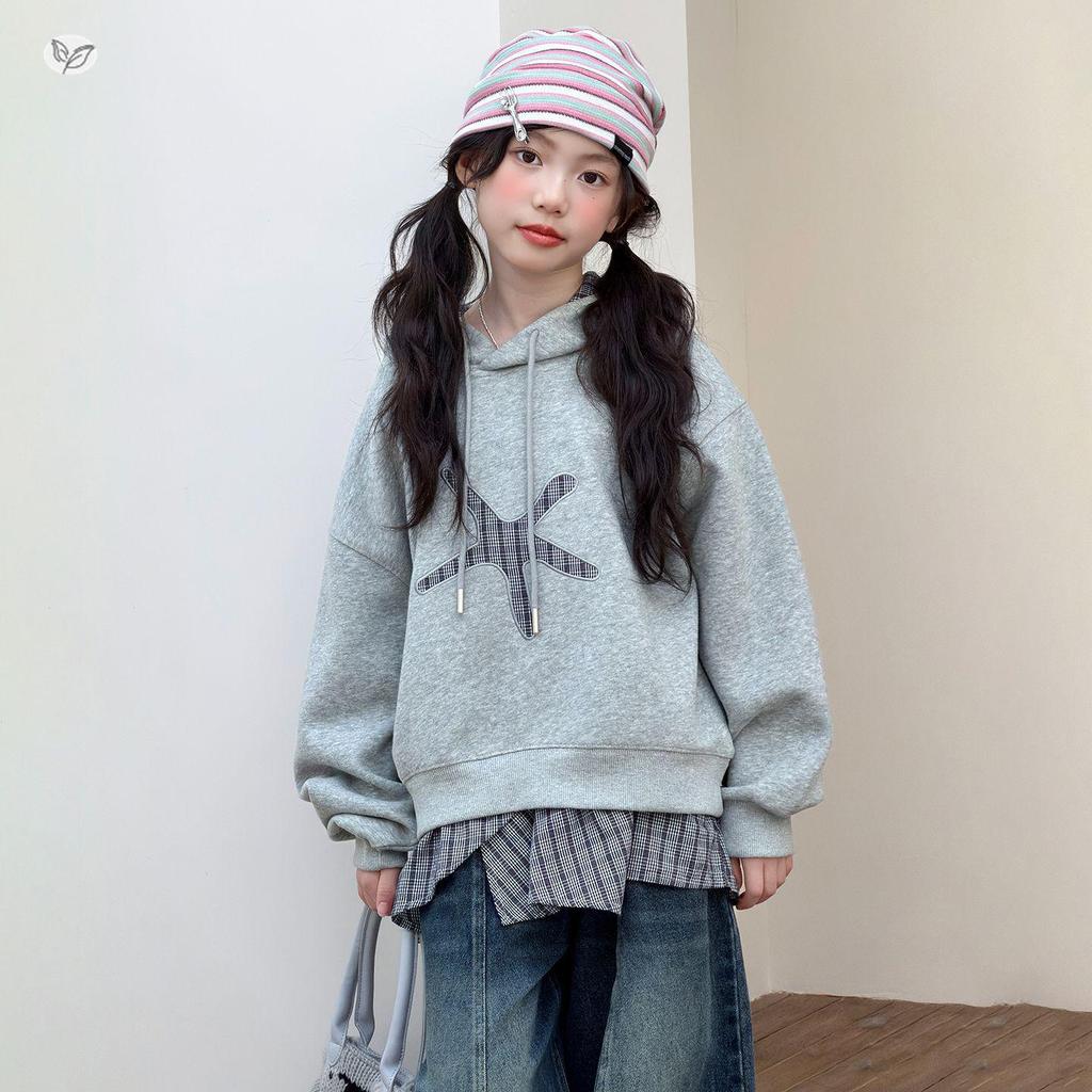 Girls' Plaid Patchwork Hooded Sweatshirt: 2026 Autumn Style for Middle and Older Children - Faux Two-Piece Long-Sleeve Top
