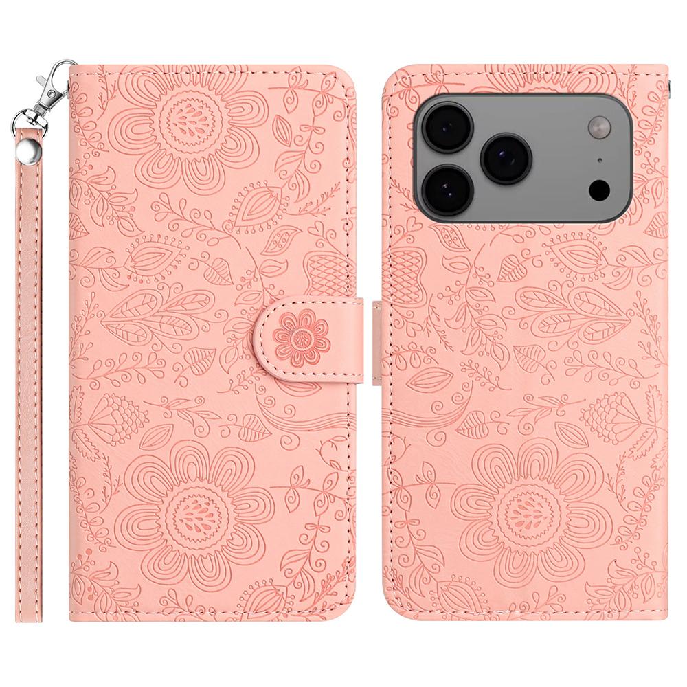 For iPhone 17 Pro Case Flower Imprint Leather Flip Wallet Phone Cover with Wrist Strap