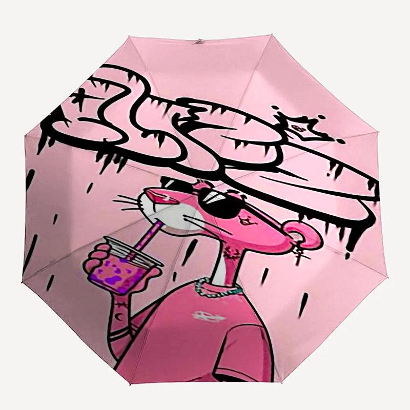 1pc pink panther iced coffee Automatic Open Close Umbrella with 8-Rib Windproof Canopy Compact Portable Travel Umbrella10317