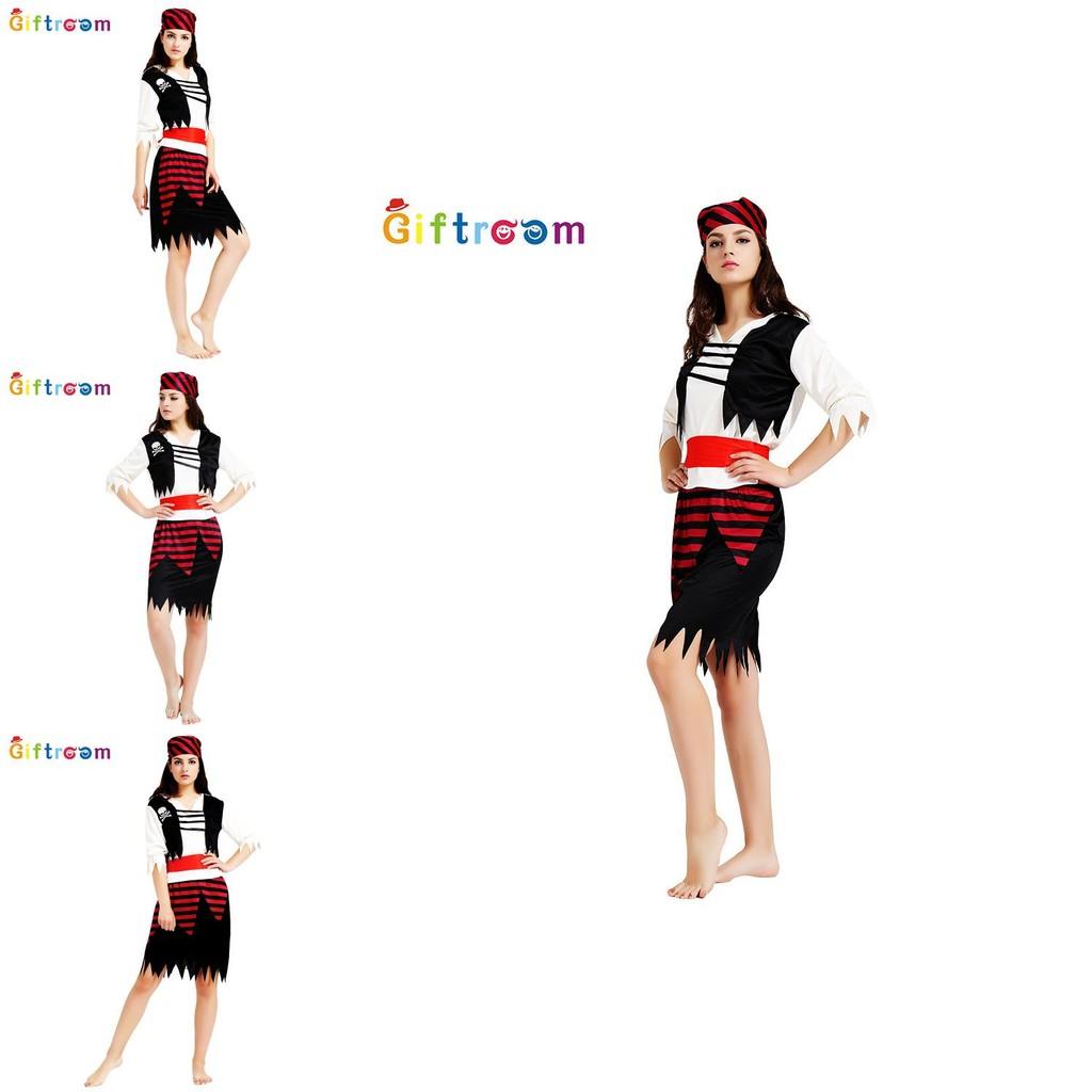 Adult Womens Trendy Red And Black Pirate Costume Dress Featuring Striking Skeleton Theme