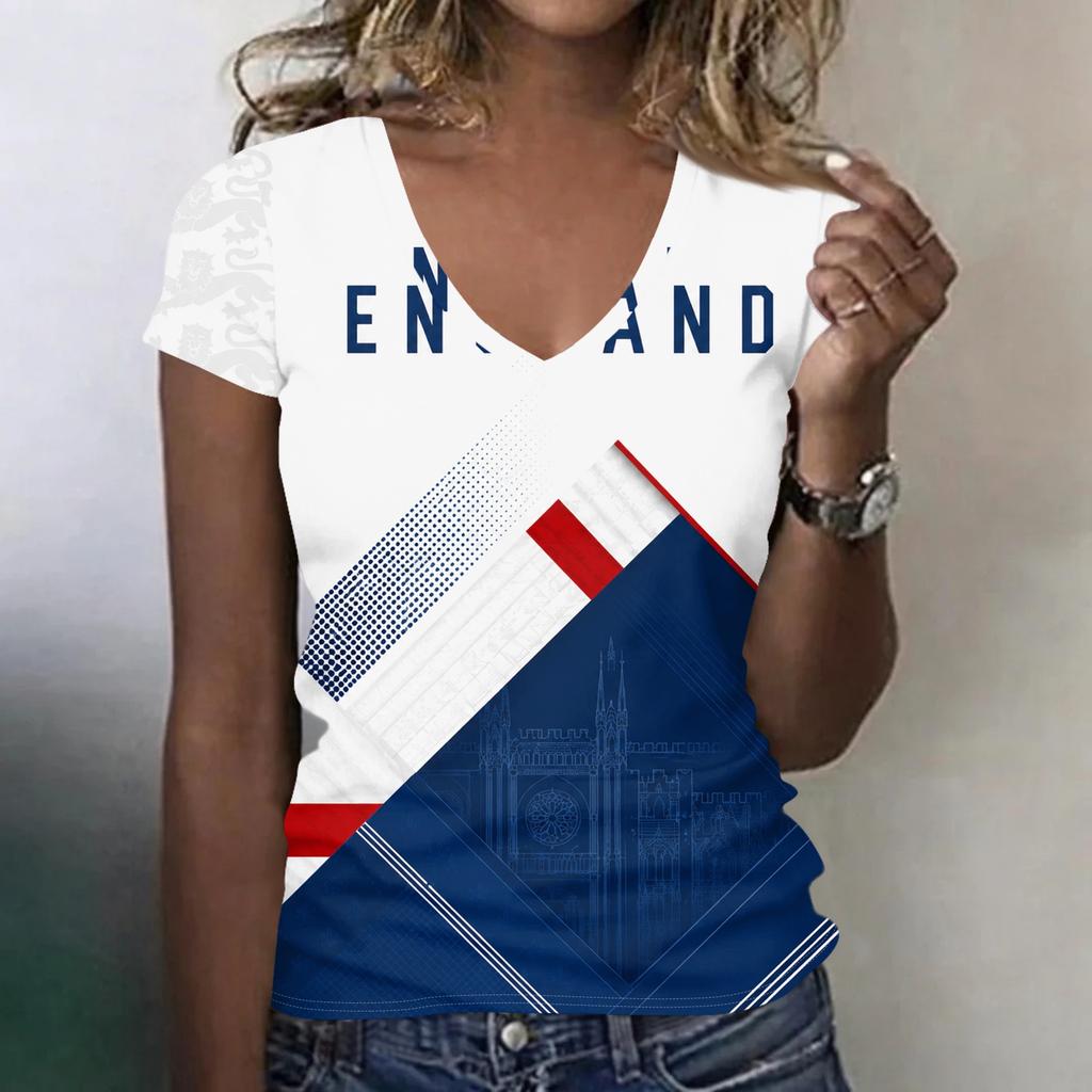 Women's V Neck Lightweight Summer Top with Football Inspired Print England Graphic Short Sleeve Casual Shirt