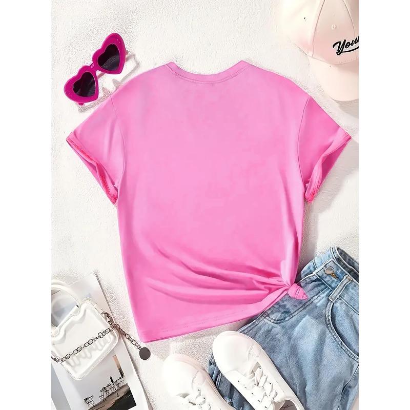 European sizes Cartoon-style Cute Little Bee Collecting Honey" Letter/cartoon Print, Girls' Short-sleeve T-shirt, Suitable for Summer Wear