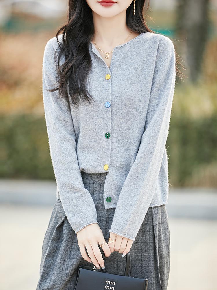 Women's V-Neck Wool Cardigan Sweater - Spring New Arrival, Loose Fit, Solid Color, Versatile Knit Outerwear.