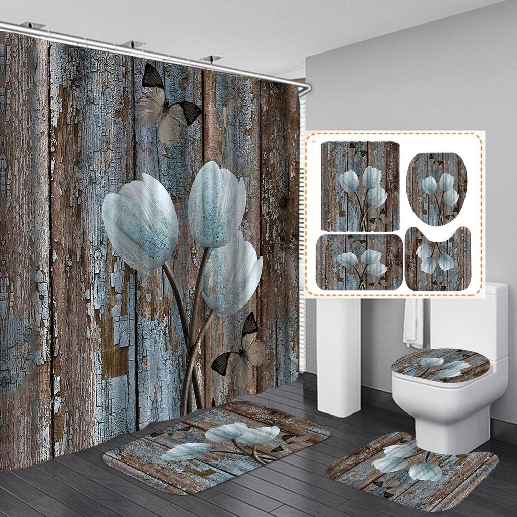 Butterfly Daisy Sunflower Shower Curtain Sets Retro Floral Vintage Country Farmhouse Flower Rustic Wooden Bathroom Decor Sets