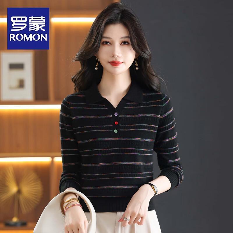 ROMON Women's Striped Square Neck Long Sleeve Knit Sweater
