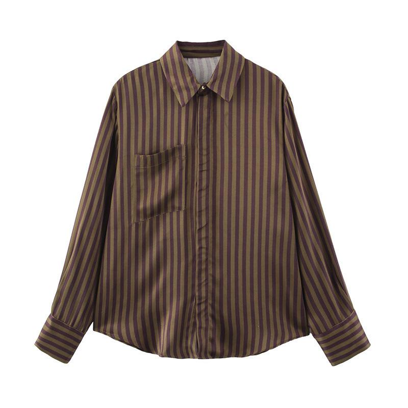 TAOP&ZA Spring/Summer Women's Striped Silk Satin Shirt and Casual Pants Set