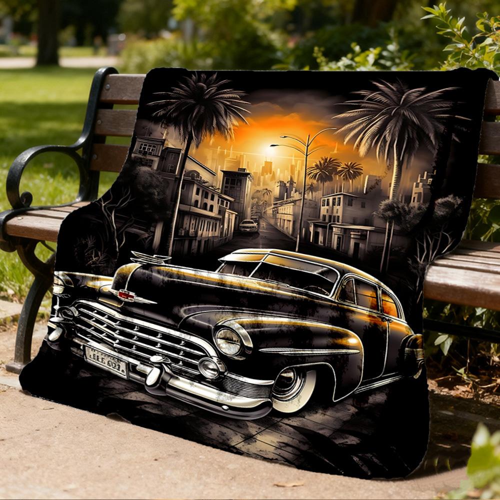 1pc Vintage Car Sunset Outdoor Flannel Blanket , Machine Washable Perfect Gift for Birthday , Holiday Travel Accessory , Durable Material