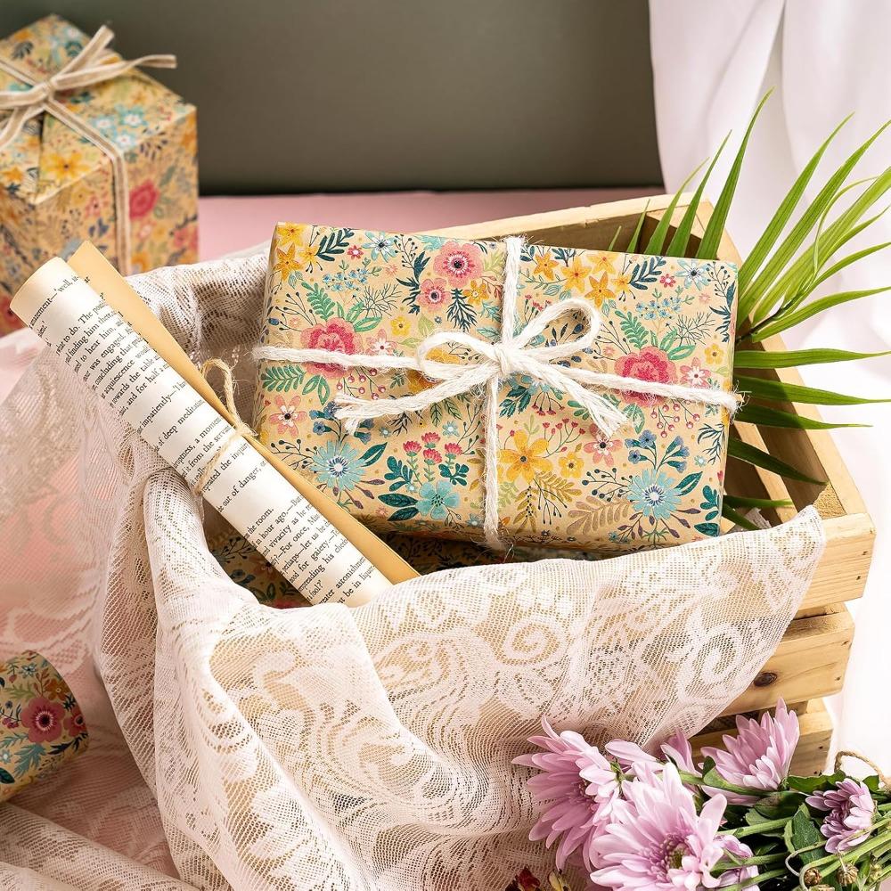 17"x9.8ft Kraft Floral Wrapping Paper Roll - Spring Summer Garden Design for Wedding, Birthday, Bridal Shower