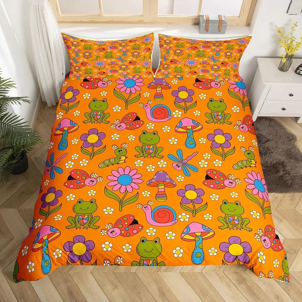 Kawaii Snails Duvet Cover Set Gradient Rainbow Printed Bedding Set Bedroom Decor Funny Snails Plant Duvet Cover for Boys Girls