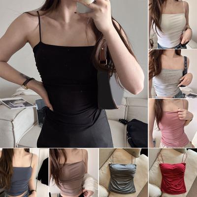 Women Vest Seamless Padded Pleated Slim Fit Solid Color Backless Elastic Summer Camis Tank Top Lady