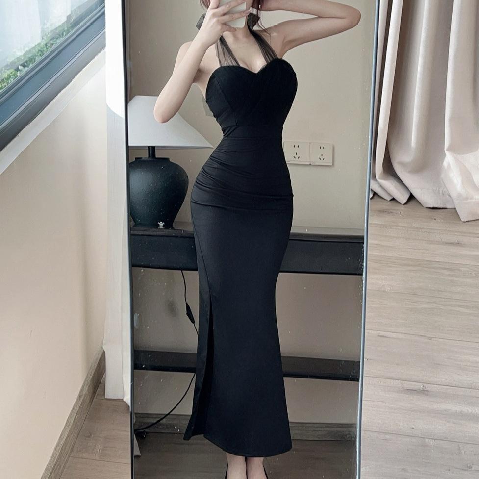 Fashion light luxury celebrity style evening dress sexy waist split banquet tube top dress temperament Muse long skirt