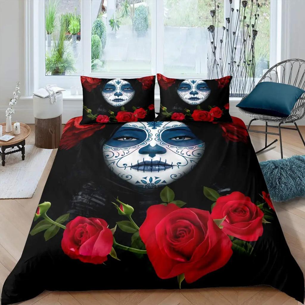 Sugar Skull King Queen Duvet Cover Vintage Skeleton Girl Gothic Day of The Dead Bedding Set Halloween Rose Polyester Quilt Cover