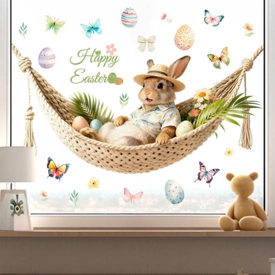 Paasraamsticker Grappige Konijn op Een Hangmatstoel Sticker Herbruikbaar PVC Statische Raamsticker voor Huis Kantoor School Lente Glazen Deur Raam Decoratie