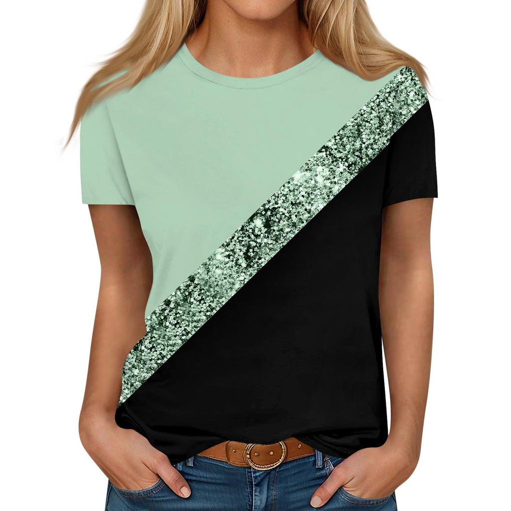 Women's Color Block Glitter Stripe Short Sleeve T-shirts Summer Round Neck 3D Print Top Fashionable Casual Tops
