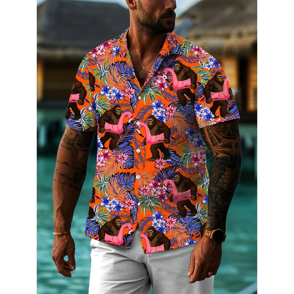 2026 Men's Summer Shirt Lapel Design Swimming Circle Gorilla Pattern Men's Large Size Shirt Fashion Loose Seaside Partywear