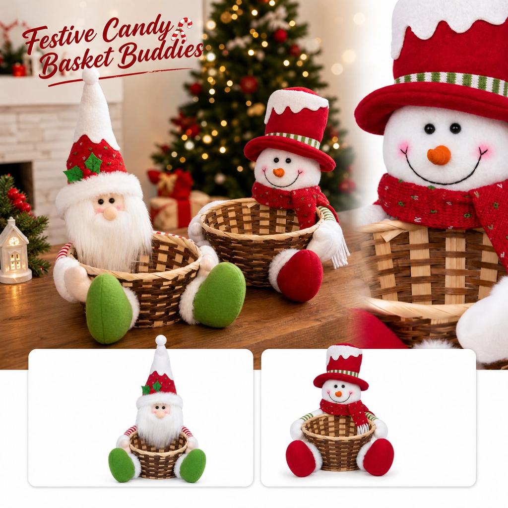 Christmas Woven Candy Basket with Santa and Snowman Figures, Desktop Storage Box for Holiday Party Decorations