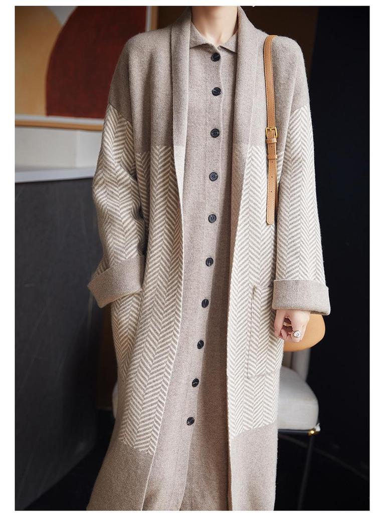 Dámský extra dlouhý zahuštěný kardigan s klopami 100% vlněný svetr šál - Volné podzimní/zimní pletené zboží.