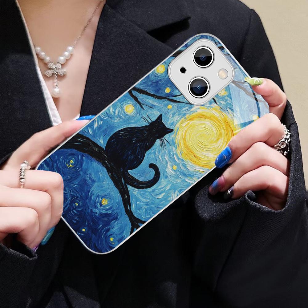 Starry Sky Cat Phone Case For IPhone 14 13 12 Mini 11 Pro XS Max X XR 14 Plus Tempered Glass Cover