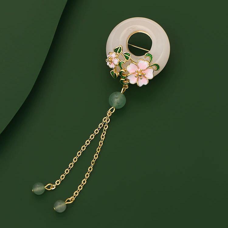

Антикварная розовая брошь с бахромой в виде цветка вишни, высококачественная пряжка безопасности, темпераментный корсаж, элегантные аксессуары ципао ханьфу розовый зеленый