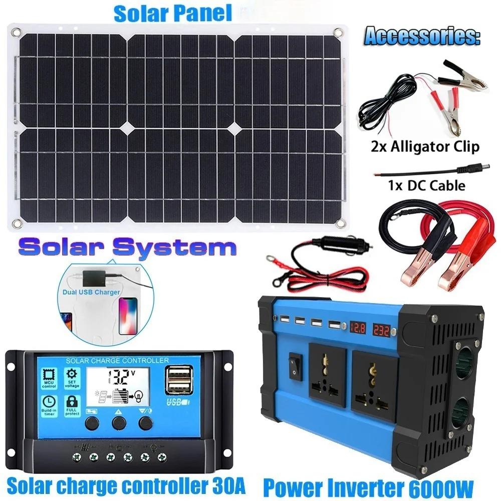 6000W Solar Inverter Kit 600W Solar Panel 100A Charge Controller 12V/110V/220V Off-Grid Power System Blue 220V kits
