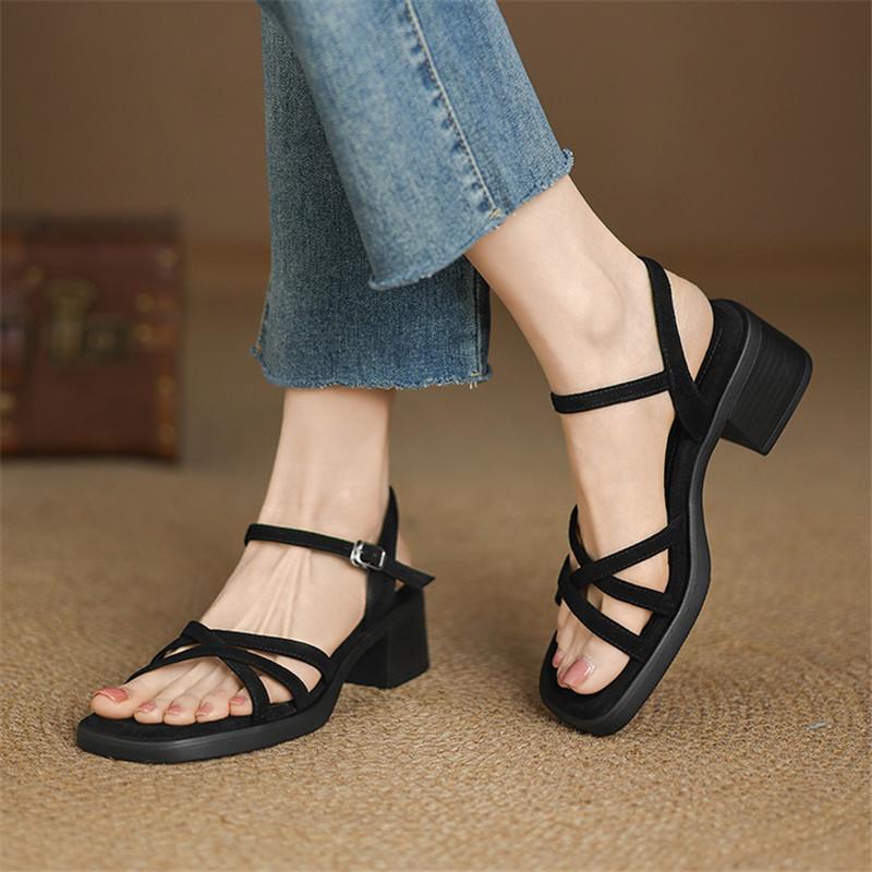 Fashion New Summer Sandals Split Leather Sandals for Women Fashion Square Toe High Heels Sandals Ladies Shoes Women Gladiator Shoes