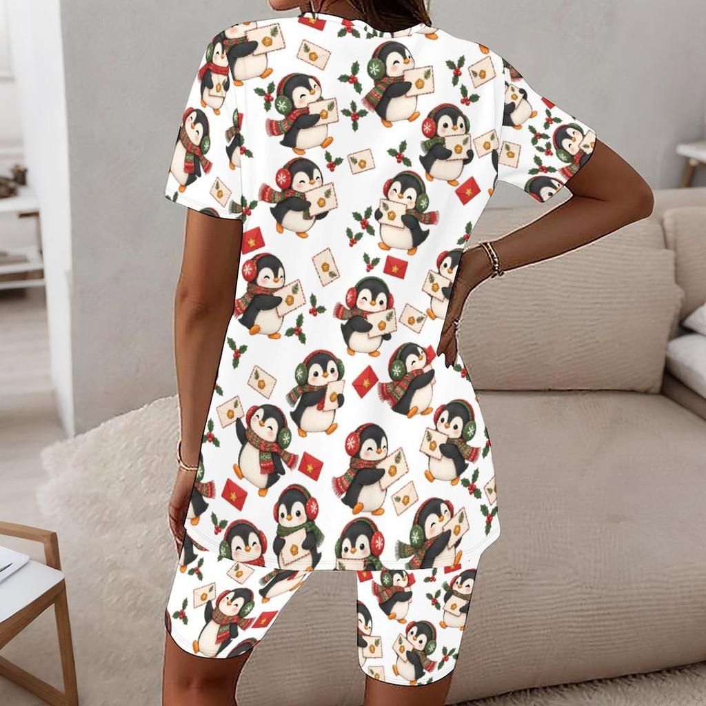 Women Plus Size Round Neck Short Sleeve Printed Longline Top Fitted Shorts Two Piece Pajama Set