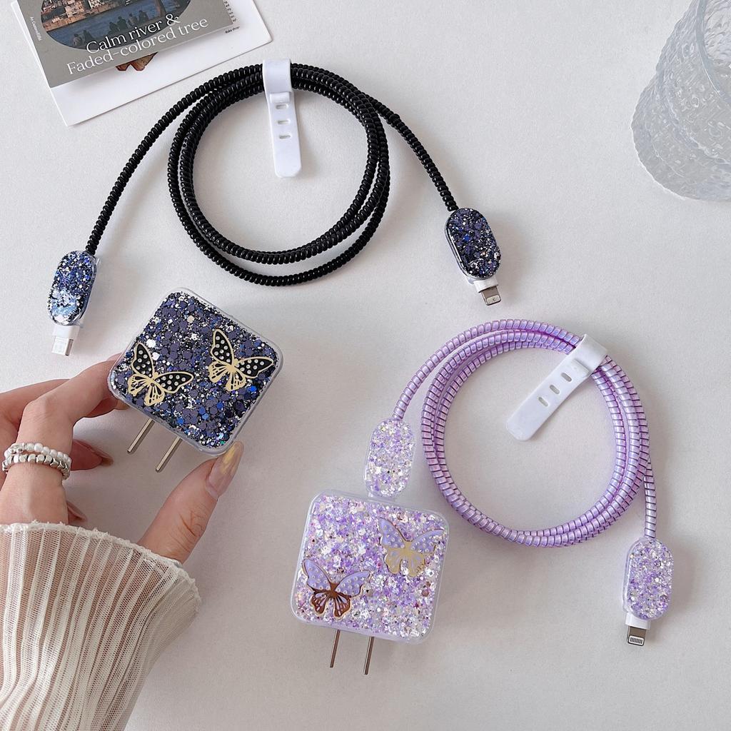 The new butterfly glitter charging head protective cover is suitable for Apple 20W charger iPhone 14 data cable