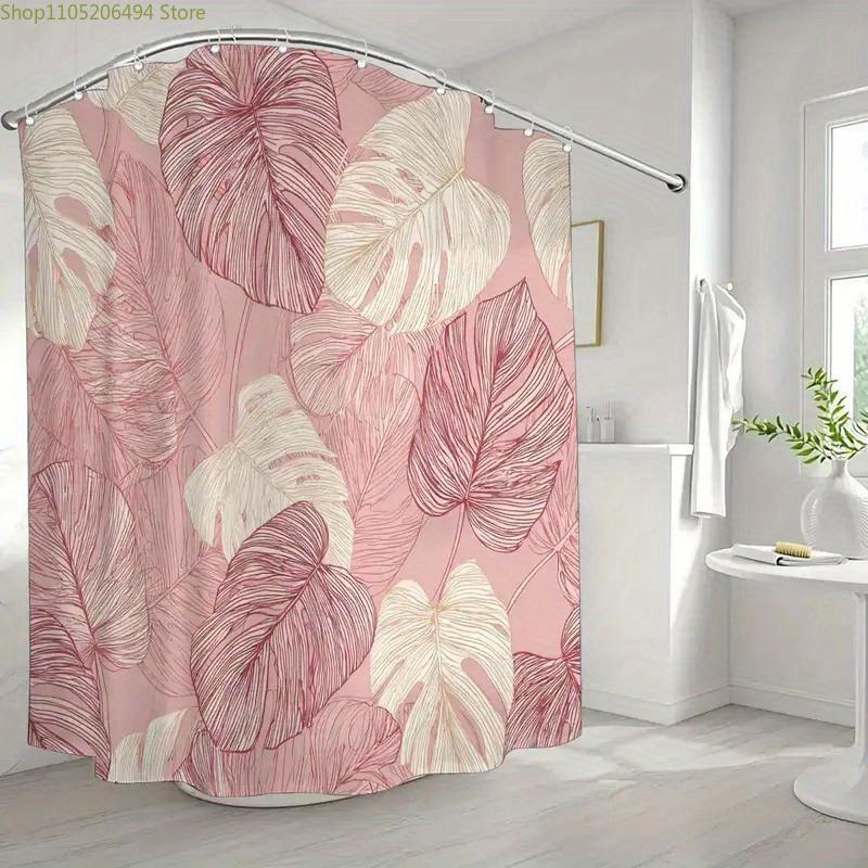 1pc Tropical Plant Bathroom Shower Curtain, Pink Art, Spring Shower Curtain with 12 Hooks, 180*180cm Bathroom Window Curtain H