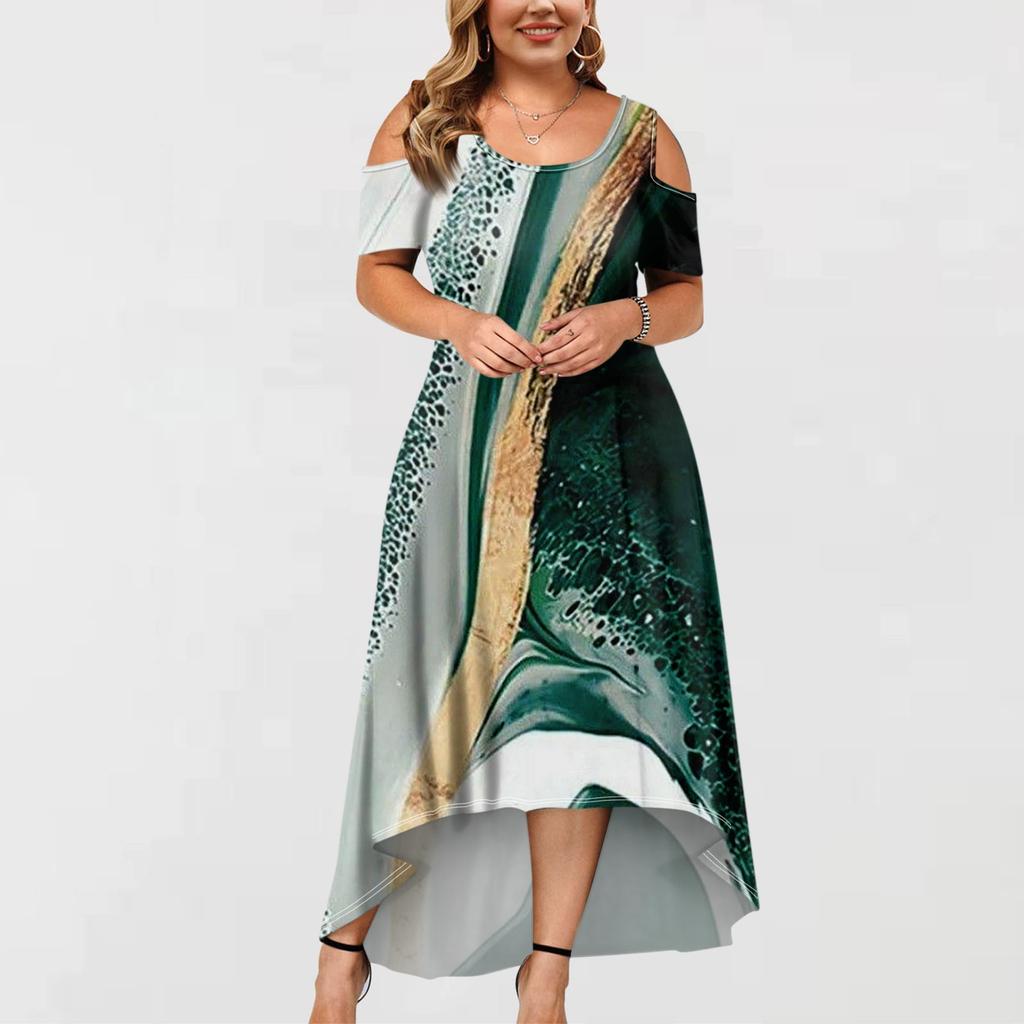 Women's Casual Fashion Printed Dress Round Neck Short Sleeve Pullover Dresses