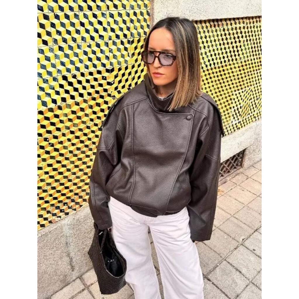 Winter Women's Retro Street Style Faux Leather Jacket Lychee Pattern European American Style Hot Sale In Stock