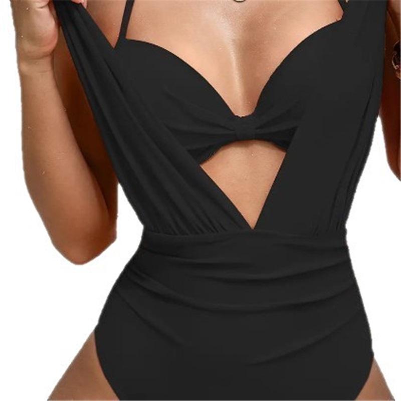 Women s Ruched Cutout One Piece Swimsuit, Tummy Control Deep V Neck Bathing Suit L чёрный