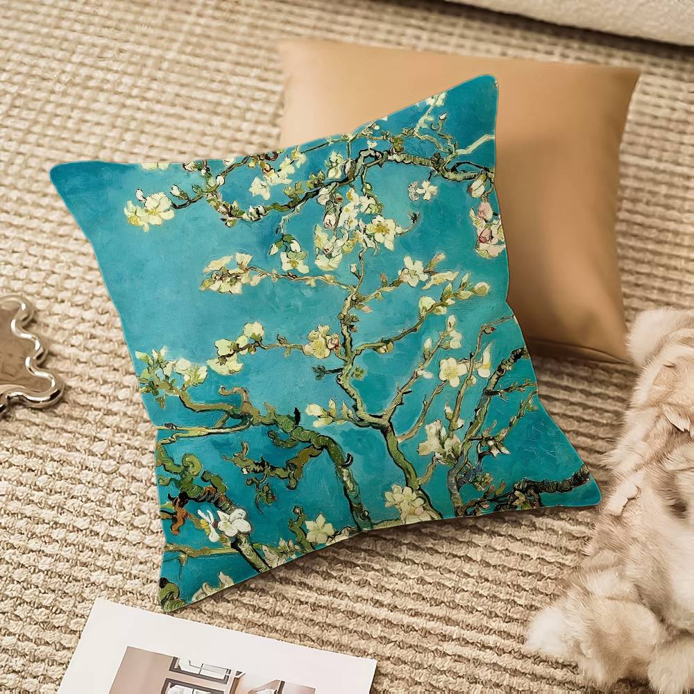 V-Van Gogh Ölgemälde Druck Kissenbezug Milbenschutz Kissenbezug Verdeckter Reißverschluss Seidiger Kurzer Plüsch Sofakissenbezug