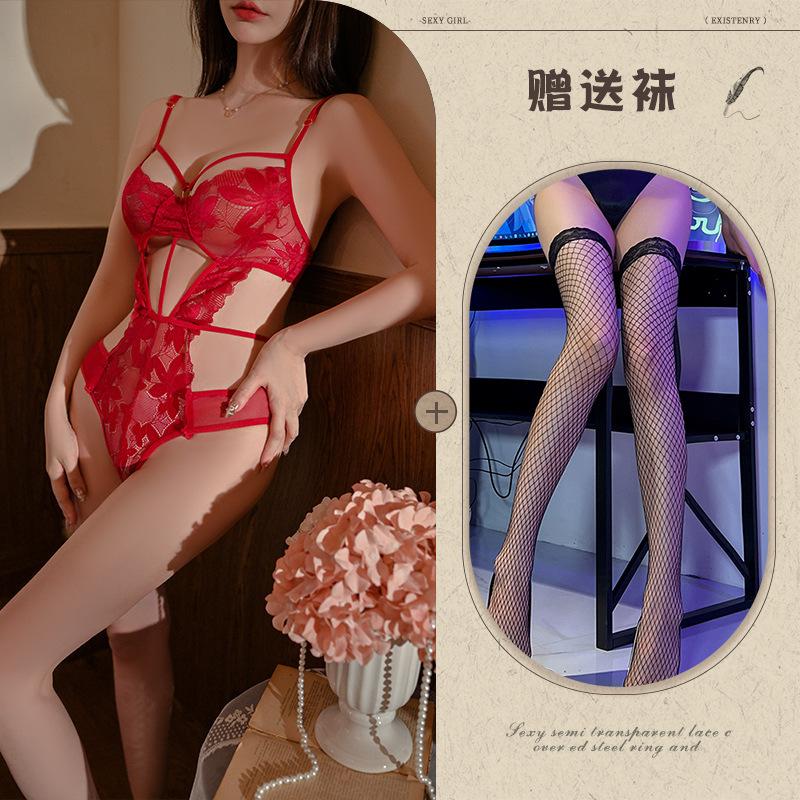 Hollow and Thin Sexy Underwear Sexy Onesie Temptation Strap Perspective Lace Free Purple