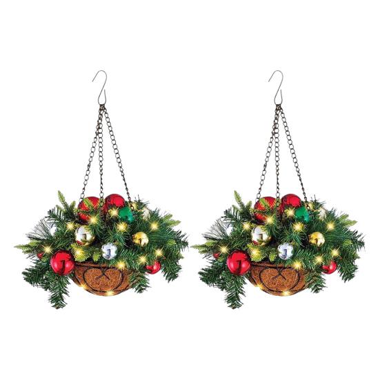 Yousheng Christmas Hanging Baskets Pre-Lit Artificial Basket with LED Lights Pine Cones Berries Winter Outdoor Planter for Outside Porch Front Door