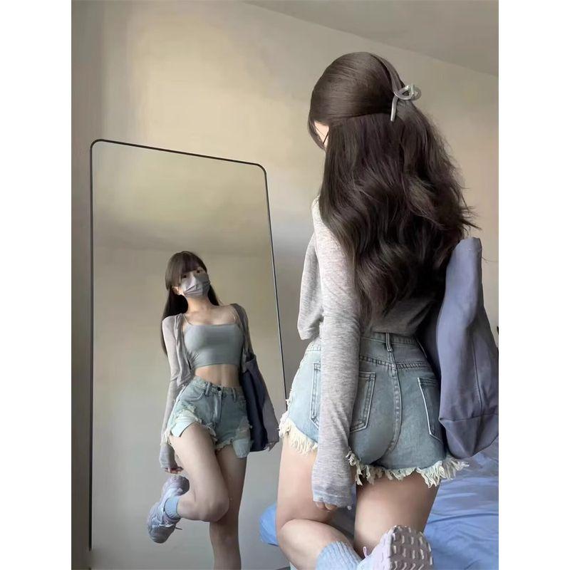 

American Style Sexy European and American Sexy Low Waist Denim Super Short Shorts Women s 2025 Summer Skinny Sheath Burrs Tassels Hot Pants Retro Blue L