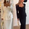 Women's Loose Skirt Suit Long Sleeve Blazer High Waist Midi Skirt Solid Office Matching Co-ord Set