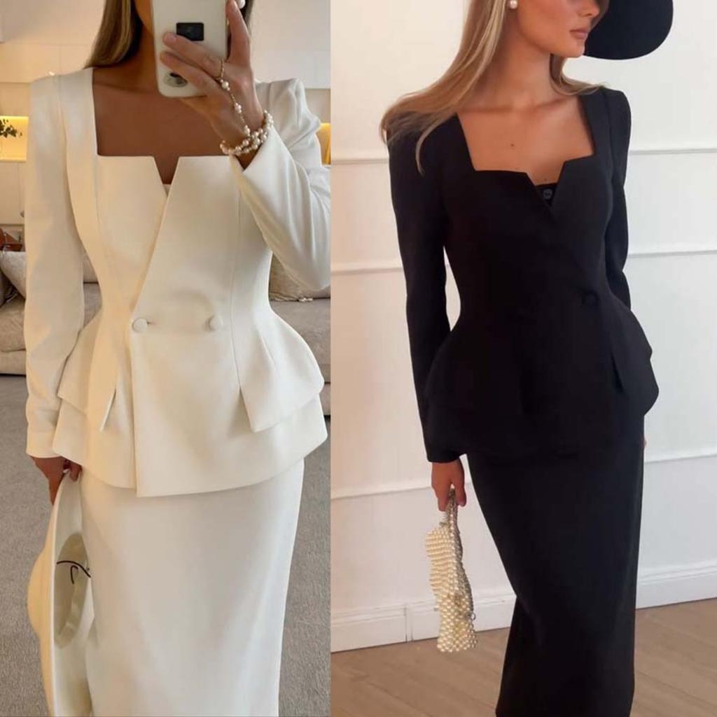 Women's Loose Skirt Suit Long Sleeve Blazer High Waist Midi Skirt Solid Office Matching Co-ord Set
