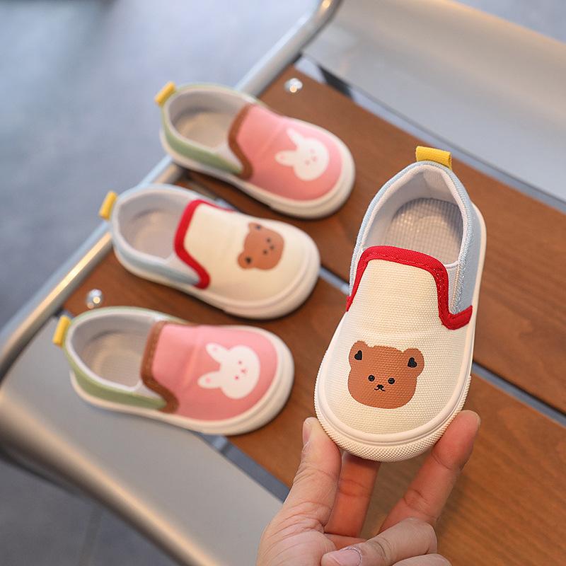 Toddler Slip On Canvas Shoes Cartoon Bear Bunny Print Soft Sole Anti Slip Kids Casual Walking Shoes