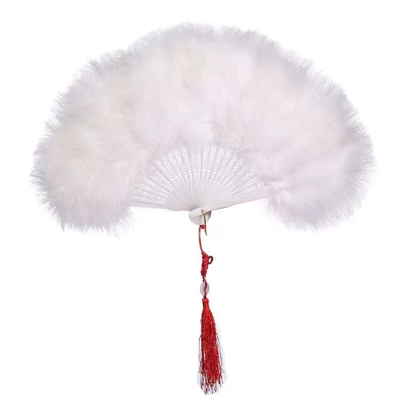 White Feather Fan Full Velvet Thickening Cheongsam Catwalk Folding Fan Yudi Boutique Night Shanghai Chinese Ancient Style Dancing Folding Fan Female