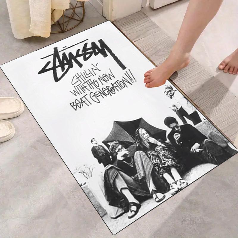 White Base Black Beat Generation Retro Photo Signature Logo Area Rug Non Slip Mat, Vintage Street Culture Carpet for Bedroom Decor