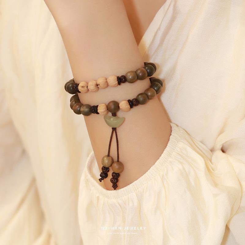 

Huaixuwei late green sandalwood bracelet for women, vintage couple s bracelet, natural sandalwood scent, Buddhist bead jewelry, antique-style gift Sophora japonica Double-l
