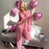 Kadın Sevgililer Günü Pijama Takımı Seksi Kalp Baskılı Fırfırlı Kenarlı 2 Parça Ev Giyimi Pijama Takımı Uzun Kollu V Yaka Üst ve Pantolon Pijama