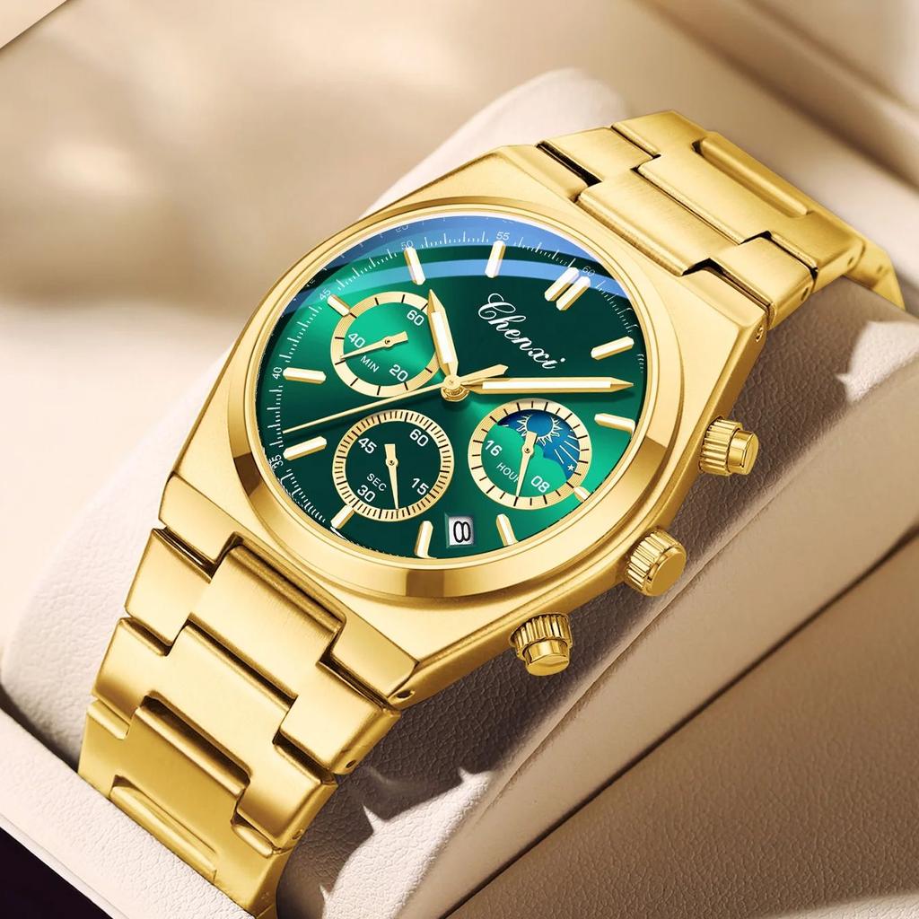 CHENXI Business Luxury Gold Quartz Men for Watch Multi Functional Night Light Timer Moon Phase Stainless Steel Strap Men's Watch