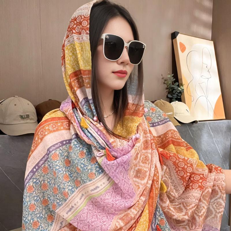 Womens Retro Ethnic Style Mid Length Sun Protection Shawl Travel Scarf