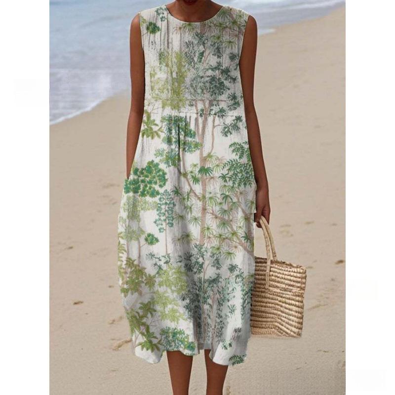 European and American New Summer Flower Ocean Printing European Size Round Neck Sleeveless Long Dress Creative Loose Dress