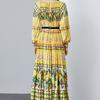 Spring Autumn Women Designer Print Oversized Long Maxi Holiday Party Pleated Dresses with Belt