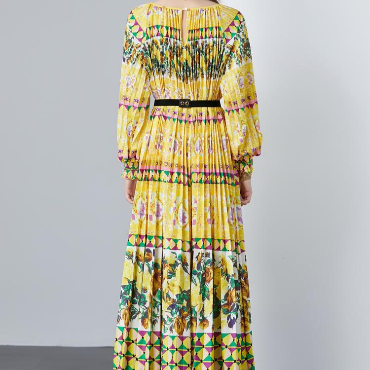 Spring Autumn Women Designer Print Oversized Long Maxi Holiday Party Pleated Dresses with Belt
