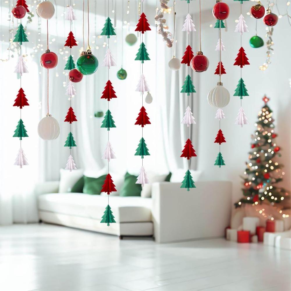 2 pièces Décorations de Noël Rouges Blanches Vertes Serpentins en Papier Arbre de Noël 3D Bannière de Fête Guirlande Décorations de Fête de Noël Décor Suspendu